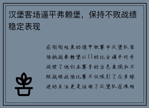 汉堡客场逼平弗赖堡，保持不败战绩稳定表现